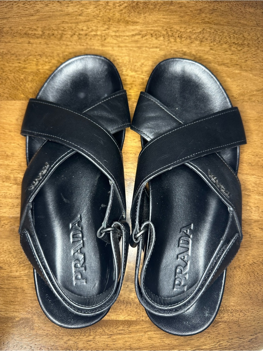 Prada Black Leather Cross-Strap Sandals
